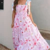 Hot Dear-Lover Floral Print Knotted Shoulder Smocked Maxi Dress Pink