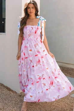 Hot Dear-Lover Floral Print Knotted Shoulder Smocked Maxi Dress Pink