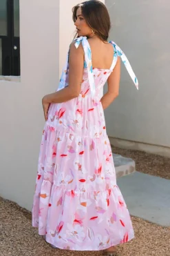 Hot Dear-Lover Floral Print Knotted Shoulder Smocked Maxi Dress Pink