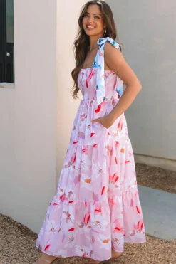 Hot Dear-Lover Floral Print Knotted Shoulder Smocked Maxi Dress Pink