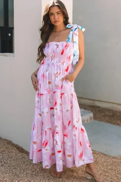 Hot Dear-Lover Floral Print Knotted Shoulder Smocked Maxi Dress Pink