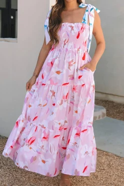 Hot Dear-Lover Floral Print Knotted Shoulder Smocked Maxi Dress Pink
