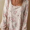 New Dear-Lover Floral Print Pleated U Neck Loose Fit Blouse Pink