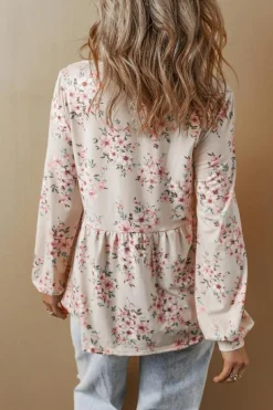 New Dear-Lover Floral Print Pleated U Neck Loose Fit Blouse Pink