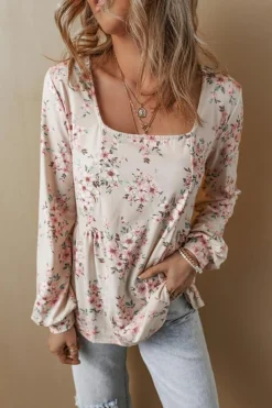 New Dear-Lover Floral Print Pleated U Neck Loose Fit Blouse Pink