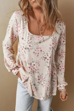 New Dear-Lover Floral Print Pleated U Neck Loose Fit Blouse Pink