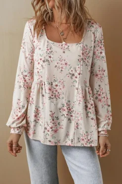 New Dear-Lover Floral Print Pleated U Neck Loose Fit Blouse Pink