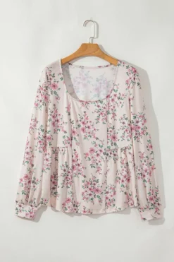New Dear-Lover Floral Print Pleated U Neck Loose Fit Blouse Pink