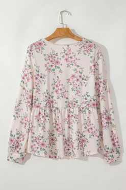 New Dear-Lover Floral Print Pleated U Neck Loose Fit Blouse Pink