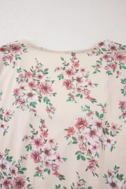 New Dear-Lover Floral Print Pleated U Neck Loose Fit Blouse Pink