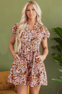 Online Dear-Lover Floral Print Puff Sleeve Shirred High Waist Mini Dress Pink
