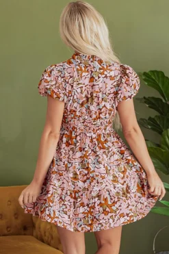 Online Dear-Lover Floral Print Puff Sleeve Shirred High Waist Mini Dress Pink