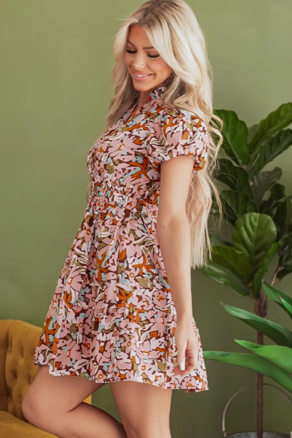 Online Dear-Lover Floral Print Puff Sleeve Shirred High Waist Mini Dress Pink