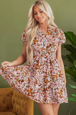 Online Dear-Lover Floral Print Puff Sleeve Shirred High Waist Mini Dress Pink