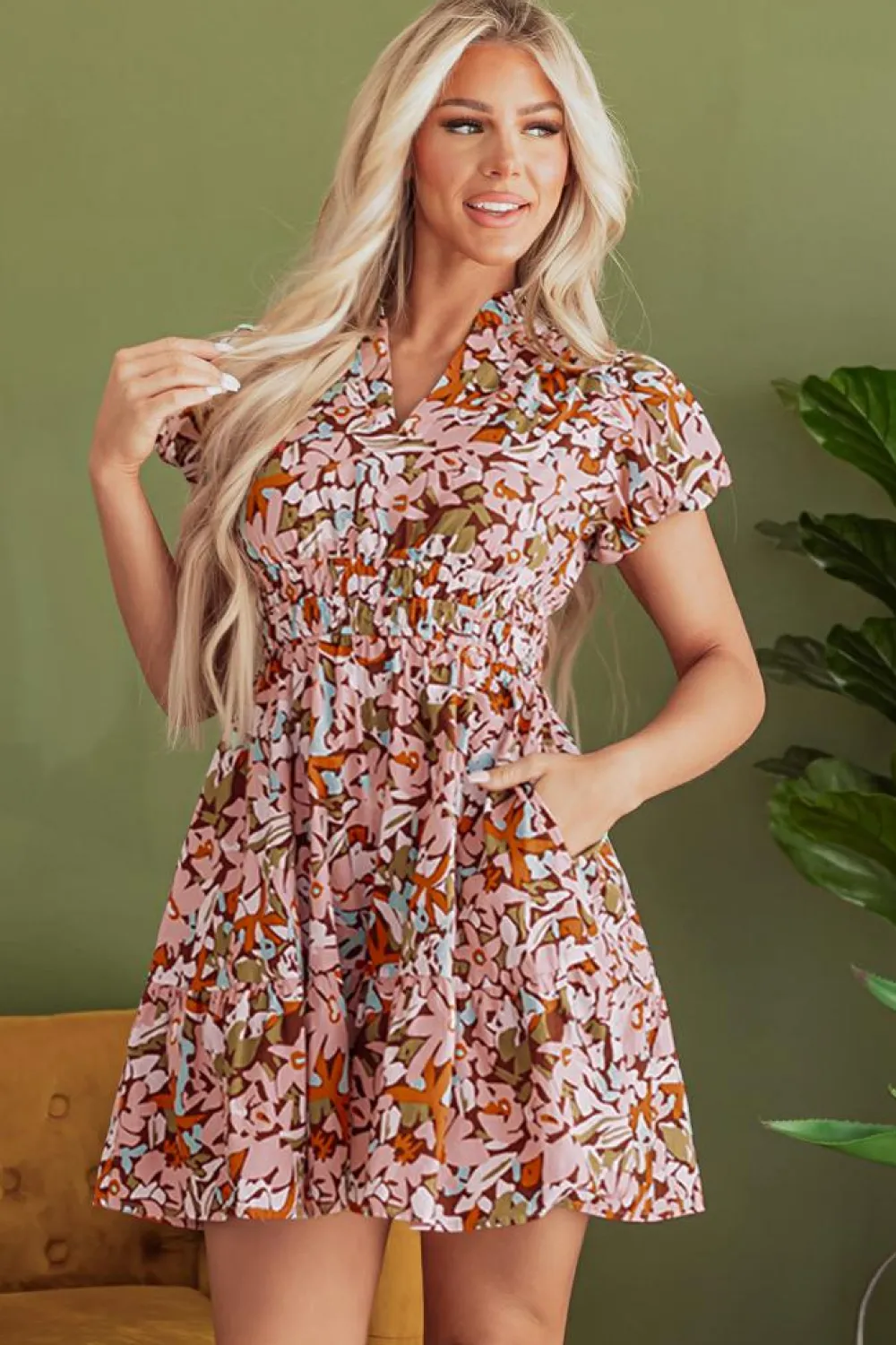 Online Dear-Lover Floral Print Puff Sleeve Shirred High Waist Mini Dress Pink