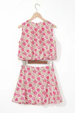 New Dear-Lover Floral Print Puffy Cropped Tank and Mini Skirt Set Pink