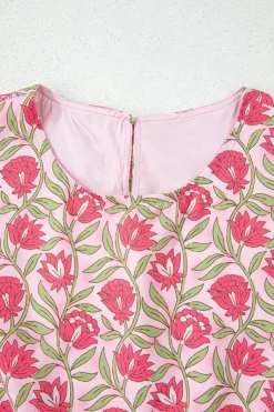 New Dear-Lover Floral Print Puffy Cropped Tank and Mini Skirt Set Pink