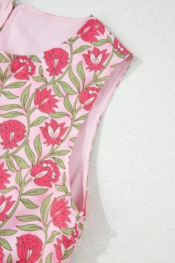 New Dear-Lover Floral Print Puffy Cropped Tank and Mini Skirt Set Pink