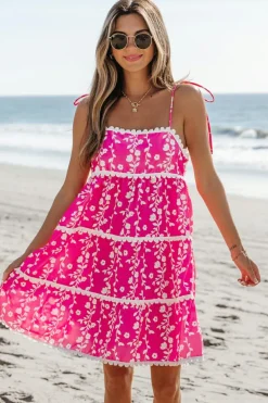 Fashion Dear-Lover Floral Print Ric Rac Patched Sleeveless Mini Dress Pink