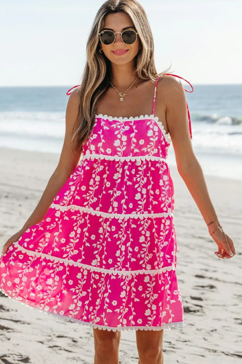 Fashion Dear-Lover Floral Print Ric Rac Patched Sleeveless Mini Dress Pink