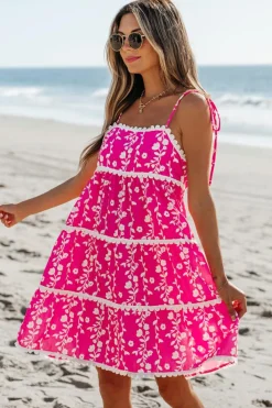 Fashion Dear-Lover Floral Print Ric Rac Patched Sleeveless Mini Dress Pink