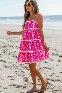 Fashion Dear-Lover Floral Print Ric Rac Patched Sleeveless Mini Dress Pink