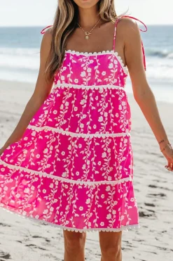 Fashion Dear-Lover Floral Print Ric Rac Patched Sleeveless Mini Dress Pink