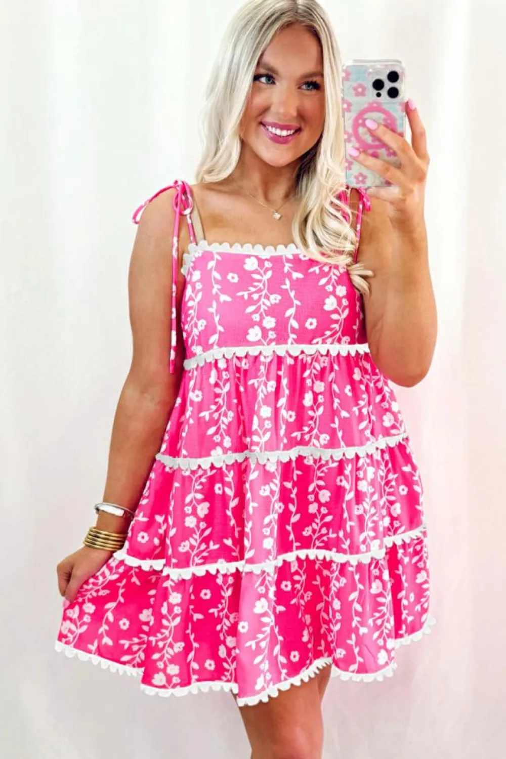 Fashion Dear-Lover Floral Print Ric Rac Patched Sleeveless Mini Dress Pink