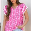 Outlet Dear-Lover Floral Print Ric-rac Tiered Ruffled V Neck Blouse Pink