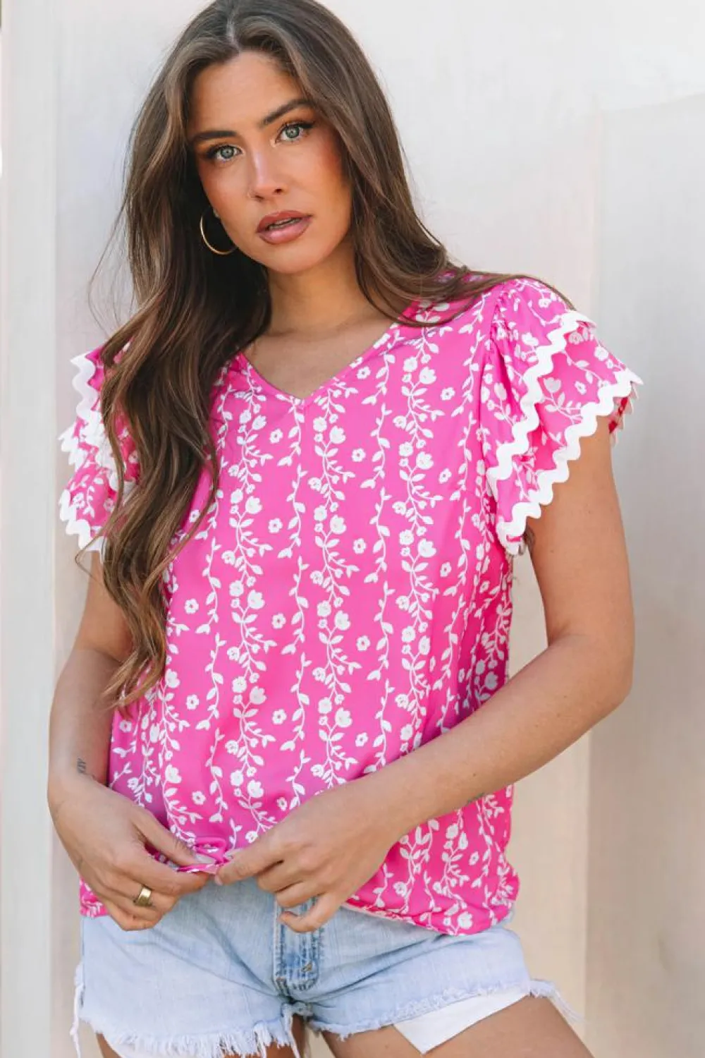 Outlet Dear-Lover Floral Print Ric-rac Tiered Ruffled V Neck Blouse Pink