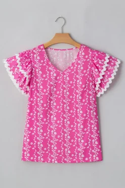 Outlet Dear-Lover Floral Print Ric-rac Tiered Ruffled V Neck Blouse Pink