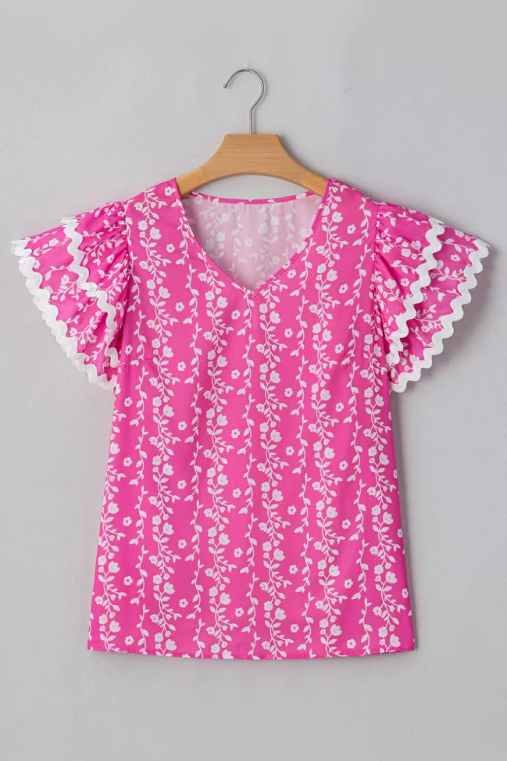 Outlet Dear-Lover Floral Print Ric-rac Tiered Ruffled V Neck Blouse Pink
