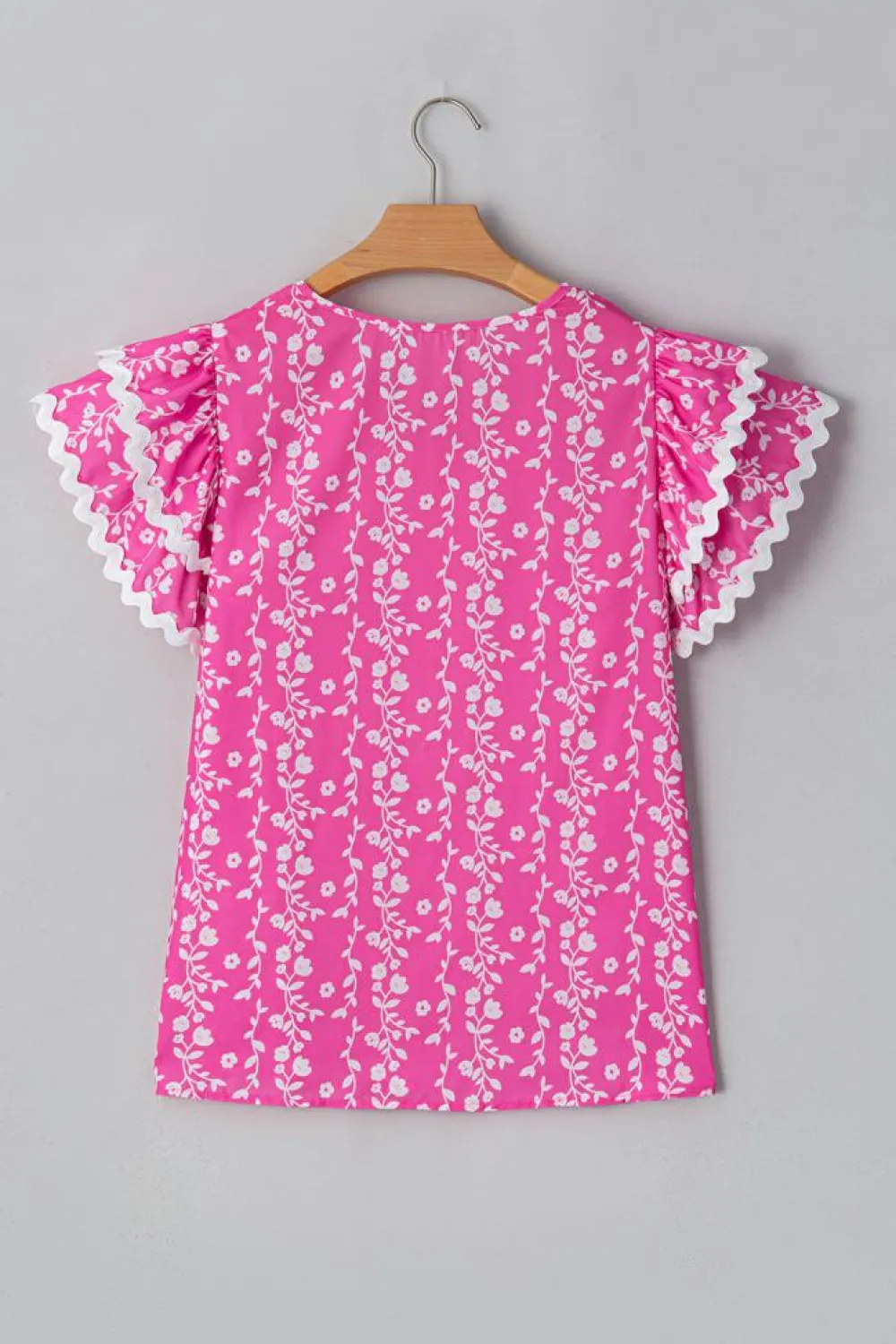 Outlet Dear-Lover Floral Print Ric-rac Tiered Ruffled V Neck Blouse Pink