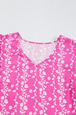 Outlet Dear-Lover Floral Print Ric-rac Tiered Ruffled V Neck Blouse Pink