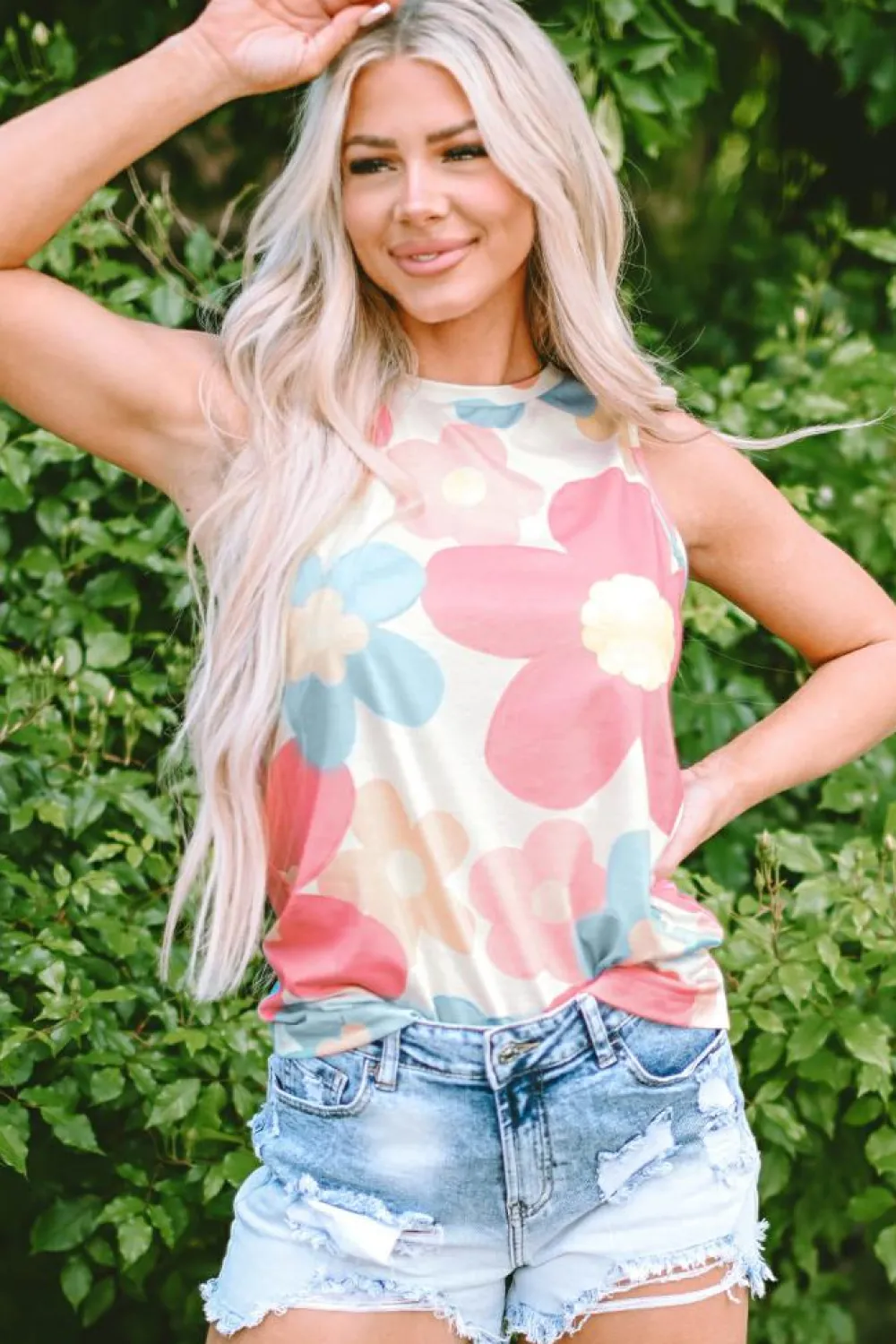 Discount Dear-Lover Floral Print Round Neck Sleeveless Top Pink