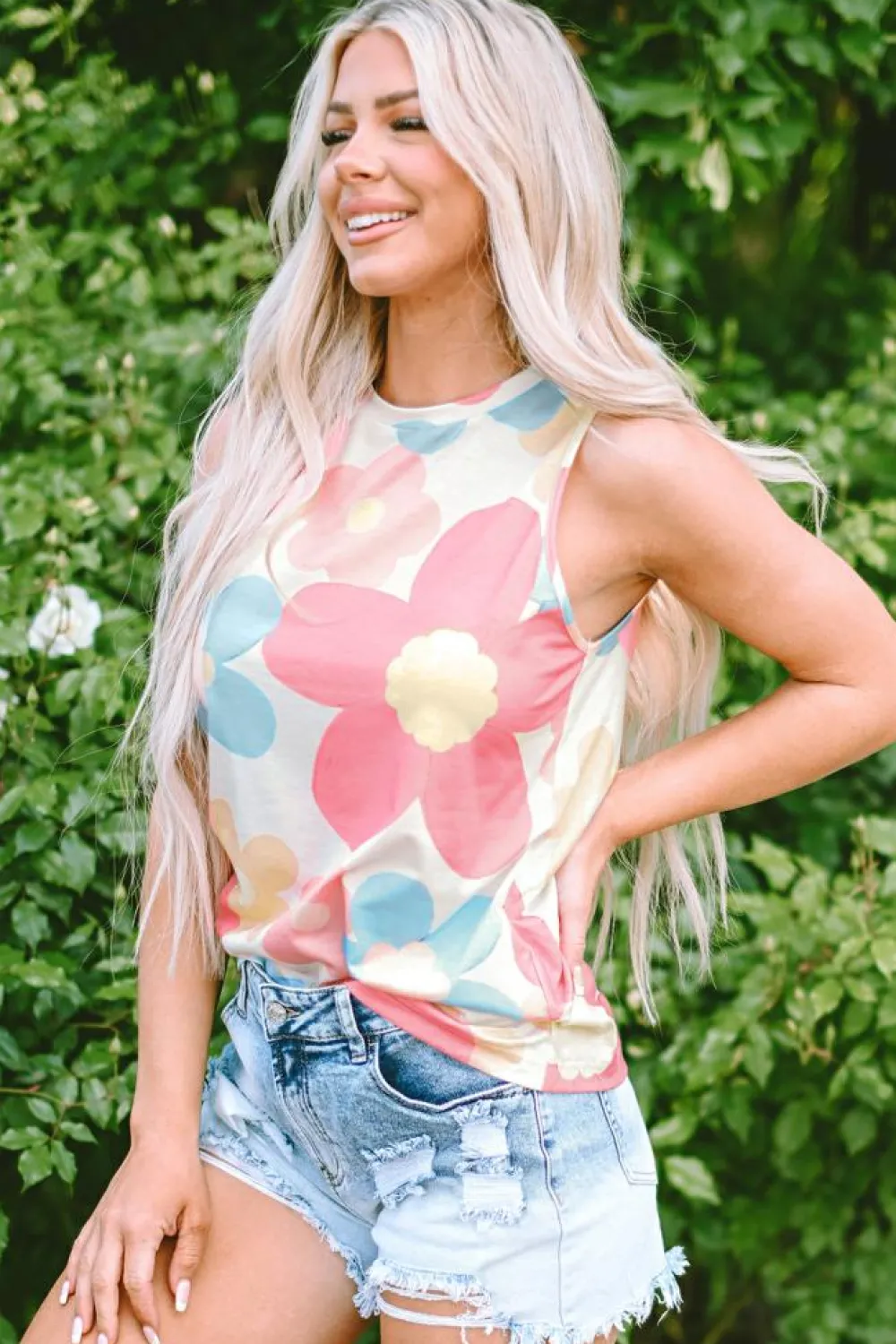 Discount Dear-Lover Floral Print Round Neck Sleeveless Top Pink