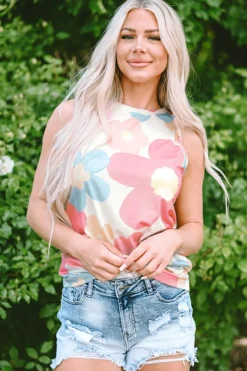Discount Dear-Lover Floral Print Round Neck Sleeveless Top Pink