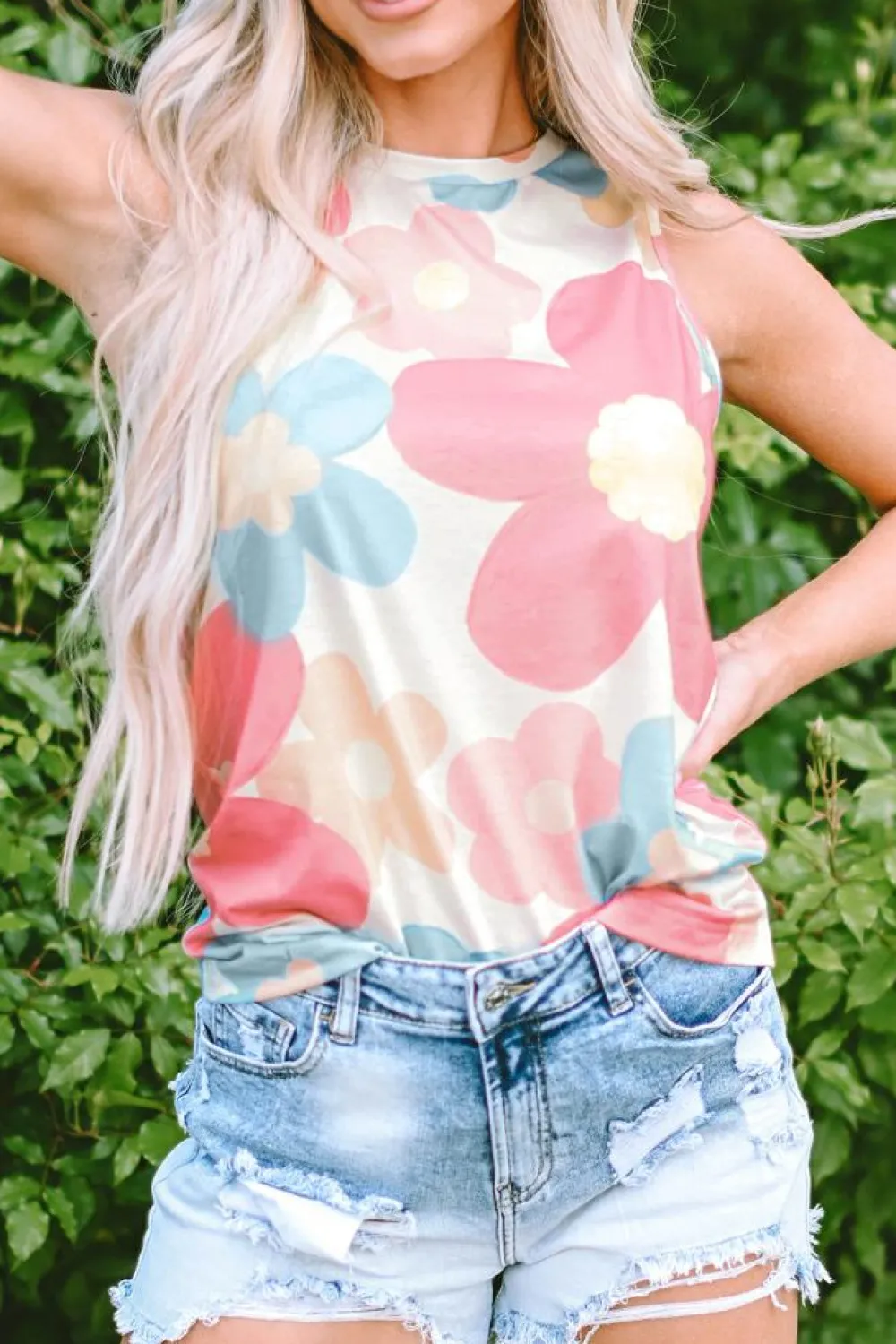 Discount Dear-Lover Floral Print Round Neck Sleeveless Top Pink