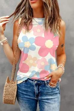 Discount Dear-Lover Floral Print Round Neck Sleeveless Top Pink