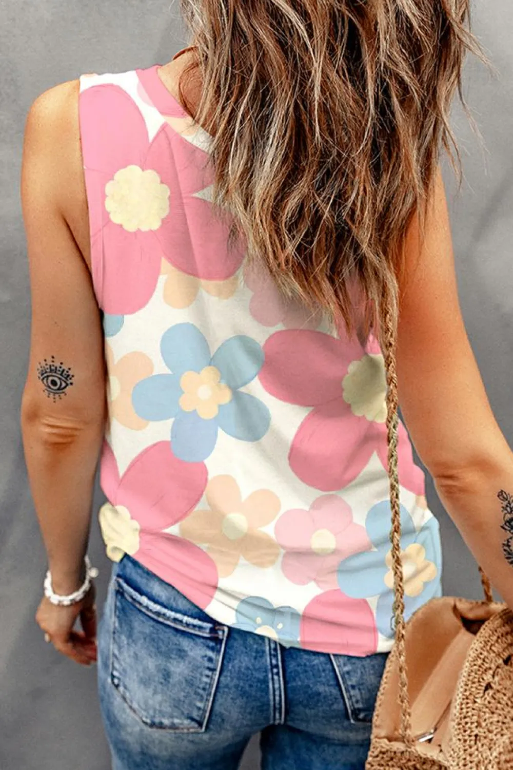 Discount Dear-Lover Floral Print Round Neck Sleeveless Top Pink