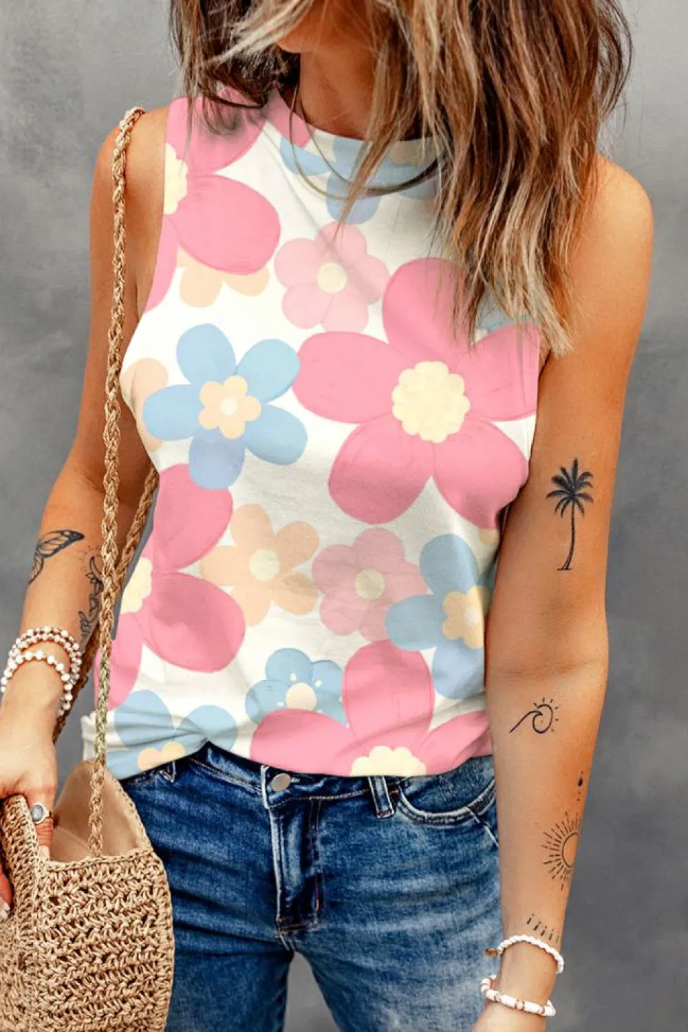 Discount Dear-Lover Floral Print Round Neck Sleeveless Top Pink