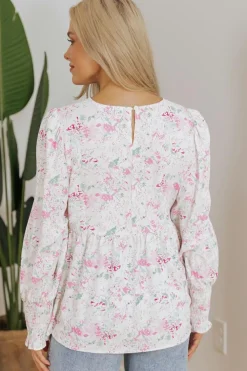 Online Dear-Lover Floral Print Shirred Balloon Sleeve Keyhole Back Babydoll Blouse Pink