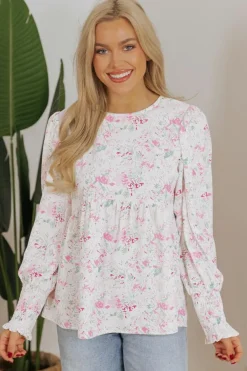 Online Dear-Lover Floral Print Shirred Balloon Sleeve Keyhole Back Babydoll Blouse Pink