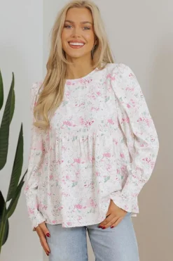 Online Dear-Lover Floral Print Shirred Balloon Sleeve Keyhole Back Babydoll Blouse Pink