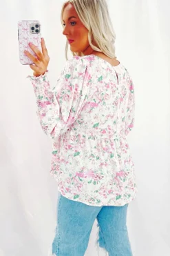 Online Dear-Lover Floral Print Shirred Balloon Sleeve Keyhole Back Babydoll Blouse Pink