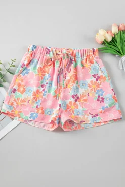 New Dear-Lover Floral Print Side Pockets Drawstring Casual Shorts Pink