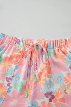 New Dear-Lover Floral Print Side Pockets Drawstring Casual Shorts Pink