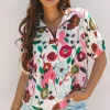 Clearance Dear-Lover Floral Print Slit V Neck Short Sleeve Blouse Pink