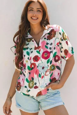 Clearance Dear-Lover Floral Print Slit V Neck Short Sleeve Blouse Pink