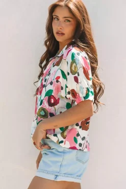 Clearance Dear-Lover Floral Print Slit V Neck Short Sleeve Blouse Pink